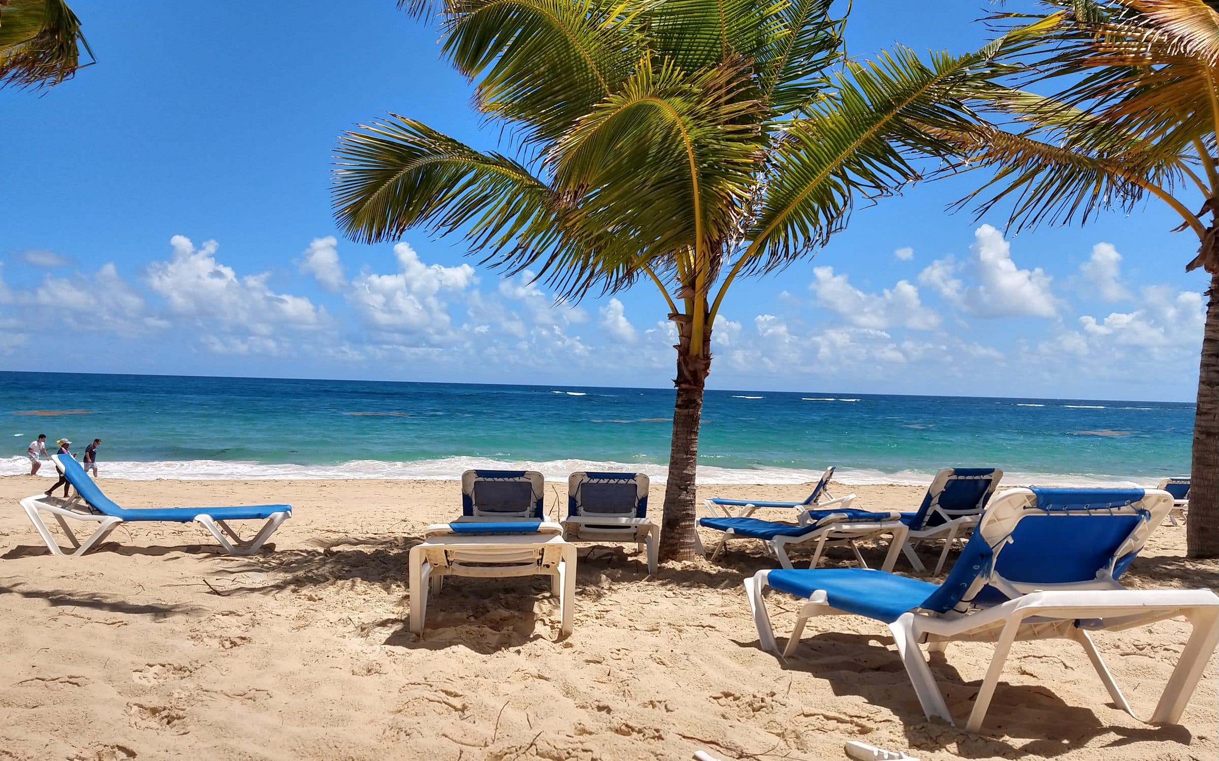 La playa del hotel en Bávaro, con las sillas y las palmas, agosto de 2021